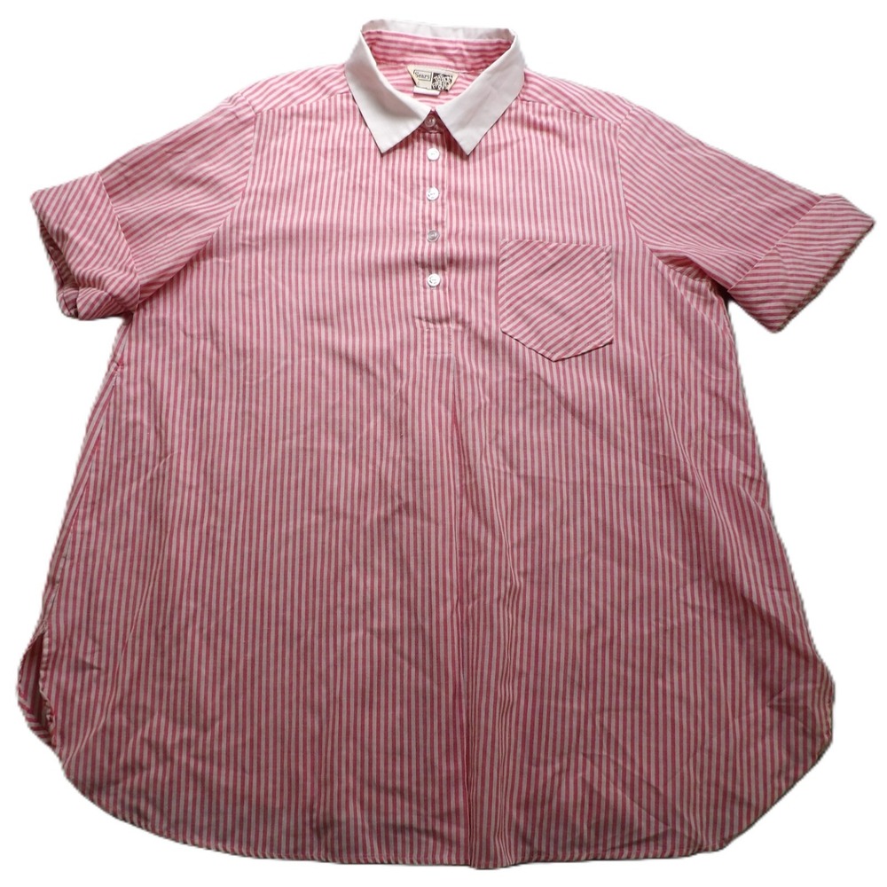 VTG 70s Sears Striped Polo Shirt Women L Pink White Short Sleeves Cotton Top USA